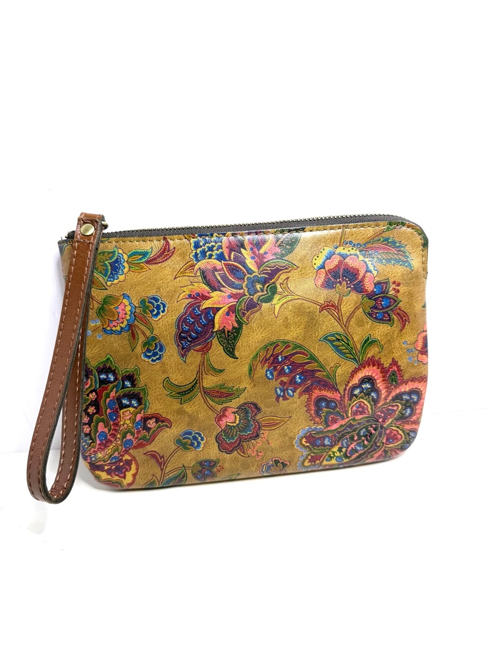 Patricia Nash Floral  Leather Wristlet Clutch Pouch Tan